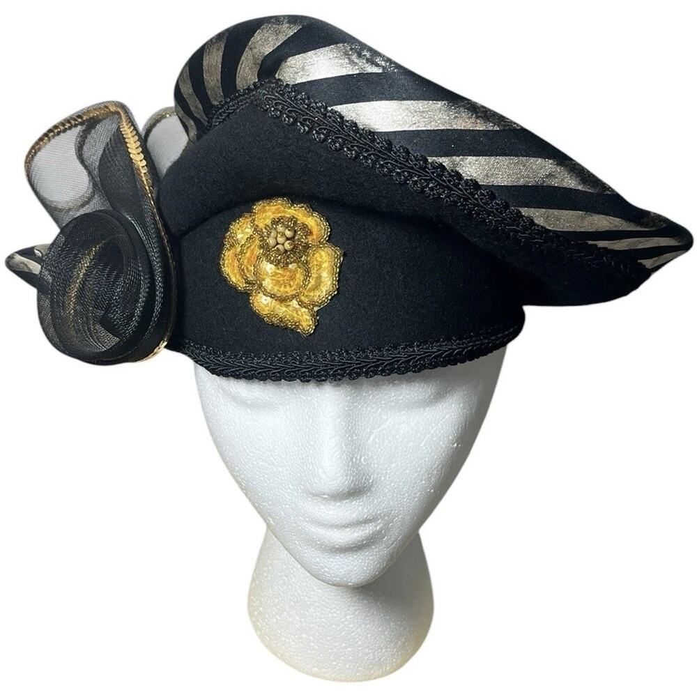 Vtg Black Hat Church Kentucky Derby Easter Milan By Charm Women’s Gold Flower